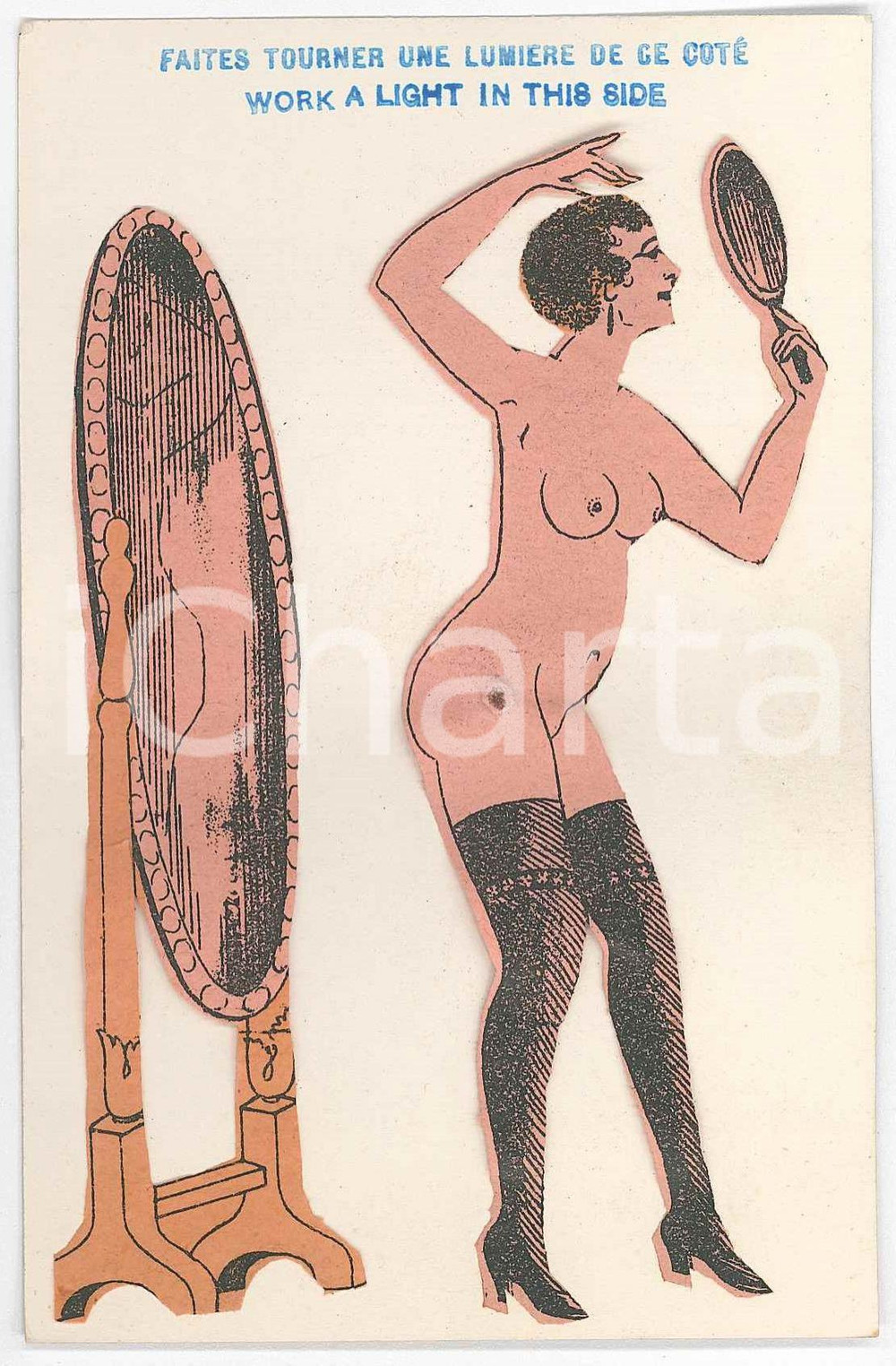 1910 ca EROTICA VINTAGE Nude woman in the mirror ILLUSTRATED Light Postcard FP  Cartolina d'epoca.L'illustrazione &egrave; realizzata su carta sottile e incollata al cartoncino. Posizionando una luce sul lato indicato dalla scritta "Work a light in this side" &egrave; possibile vedere sull'altro lato la silhouette della figura. CONDIZIONI: GOODFORMATO: FP    originale e autentica 1