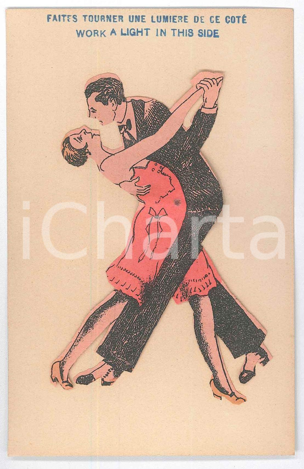 1910 ca LOVERS Couple dancing ILLUSTRATED  Light Postcard FP  Cartolina d'epoca.L'illustrazione &egrave; realizzata su carta sottile e incollata al cartoncino. Posizionando una luce sul lato indicato dalla scritta "Work a light in this side" &egrave; possibile vedere sull'altro lato la silhouette della figura. CONDIZIONI: GOODFORMATO: FP    originale e autentica 1