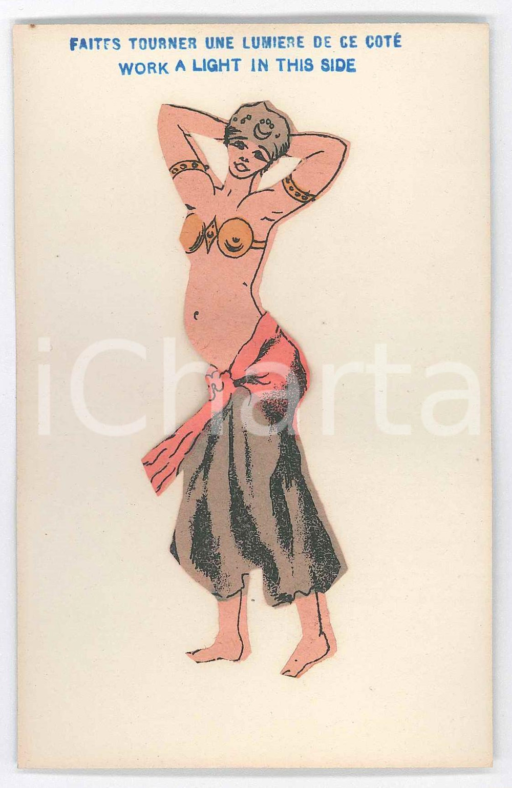 1910 ca EROTICA VINTAGE Odalisque dancing belly dance - Light Postcard FP  Cartolina d'epoca.L'illustrazione &egrave; realizzata su carta sottile e incollata al cartoncino. Posizionando una luce sul lato indicato dalla scritta "Work a light in this side" &egrave; possibile vedere sull'altro lato la silhouette della figura. CONDIZIONI: GOODFORMATO: FP    originale e autentica 1