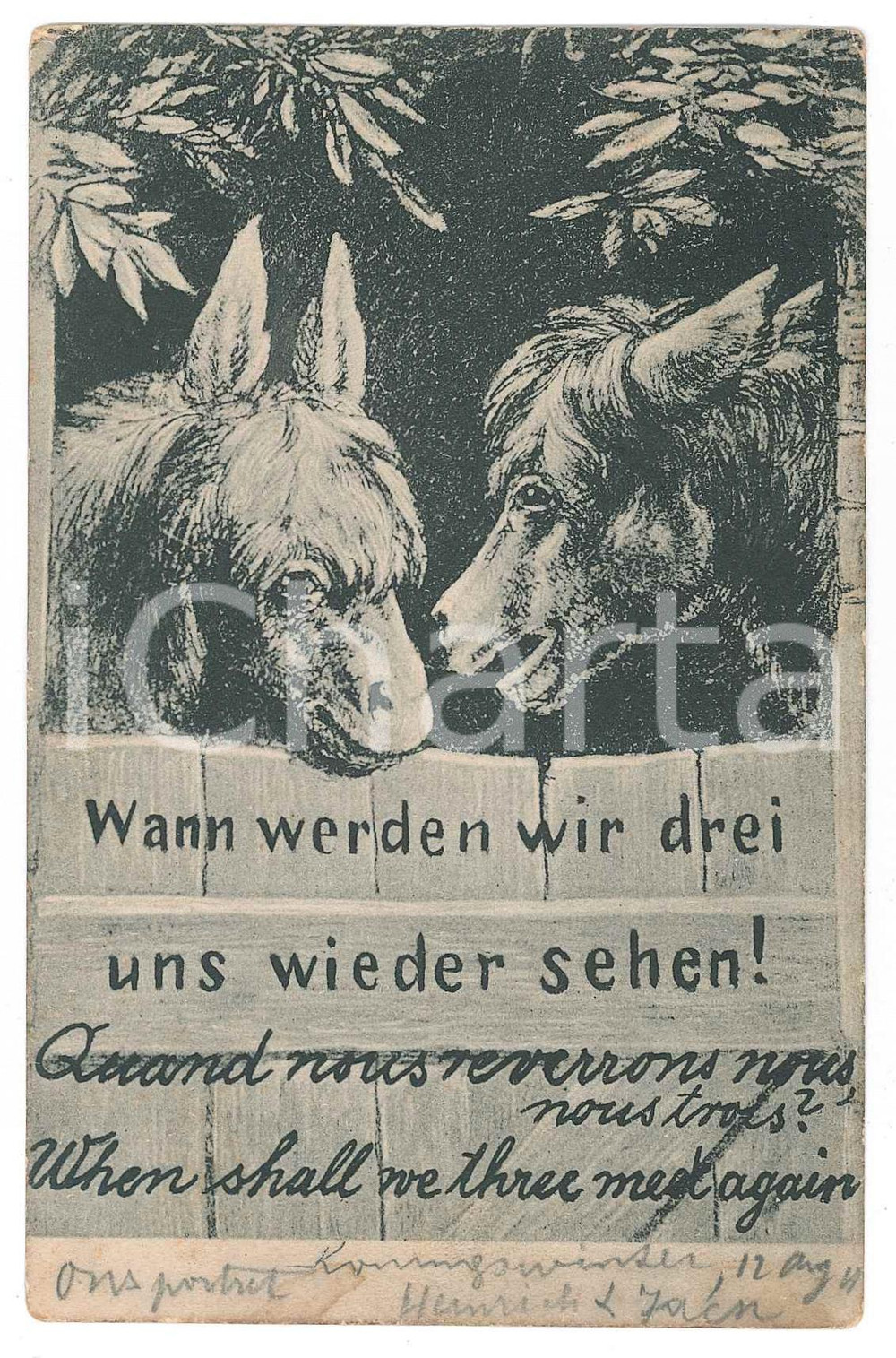 1908 DONKEYS When shall we three meet again? - Postcard  Cartolina postale d'epoca, viaggiata.CONDIZIONI: F (lievi macchie di umidit&agrave;; lievi piegature angolari)FORMATO: 9x14 cm    originale e autentica 1