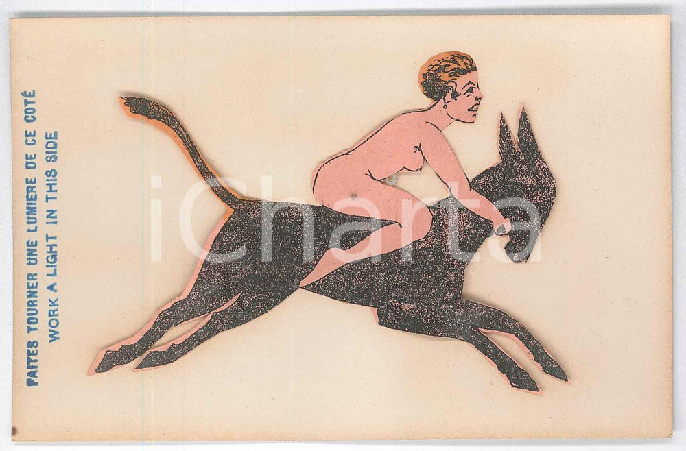 1910 ca EROTICA VINTAGE Nude woman riding a donkey - Light Postcard FP NV  Cartolina d'epoca.L'illustrazione &egrave; realizzata su carta sottile e incollata al cartoncino. Posizionando una luce sul lato indicato dalla scritta "Work a light in this side" &egrave; possibile vedere sull'altro lato la silhouette della figura. CONDIZIONI: GOODFORMATO: FP    originale e autentica 1