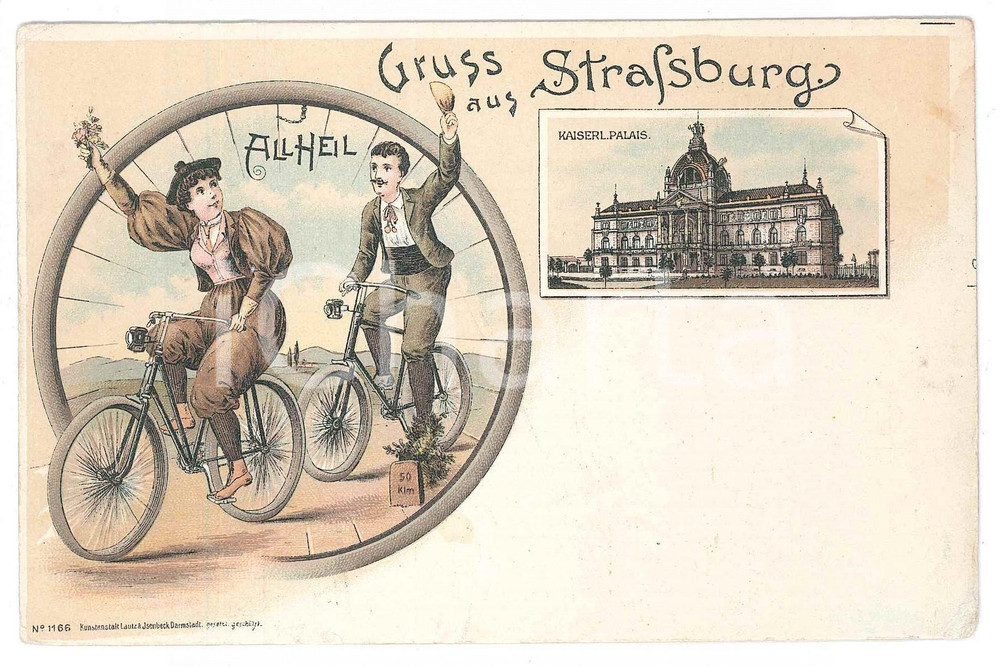 1900 ca STRASSBURG Kaiserpalast - People on bike - ILLUSTRATED Postcard FP NV  Cartolina postale d'epoca, non viaggiata.CONDIZIONI: FAIR (lievi piegature agli angoli)FORMATO: FP    originale e autentica 1