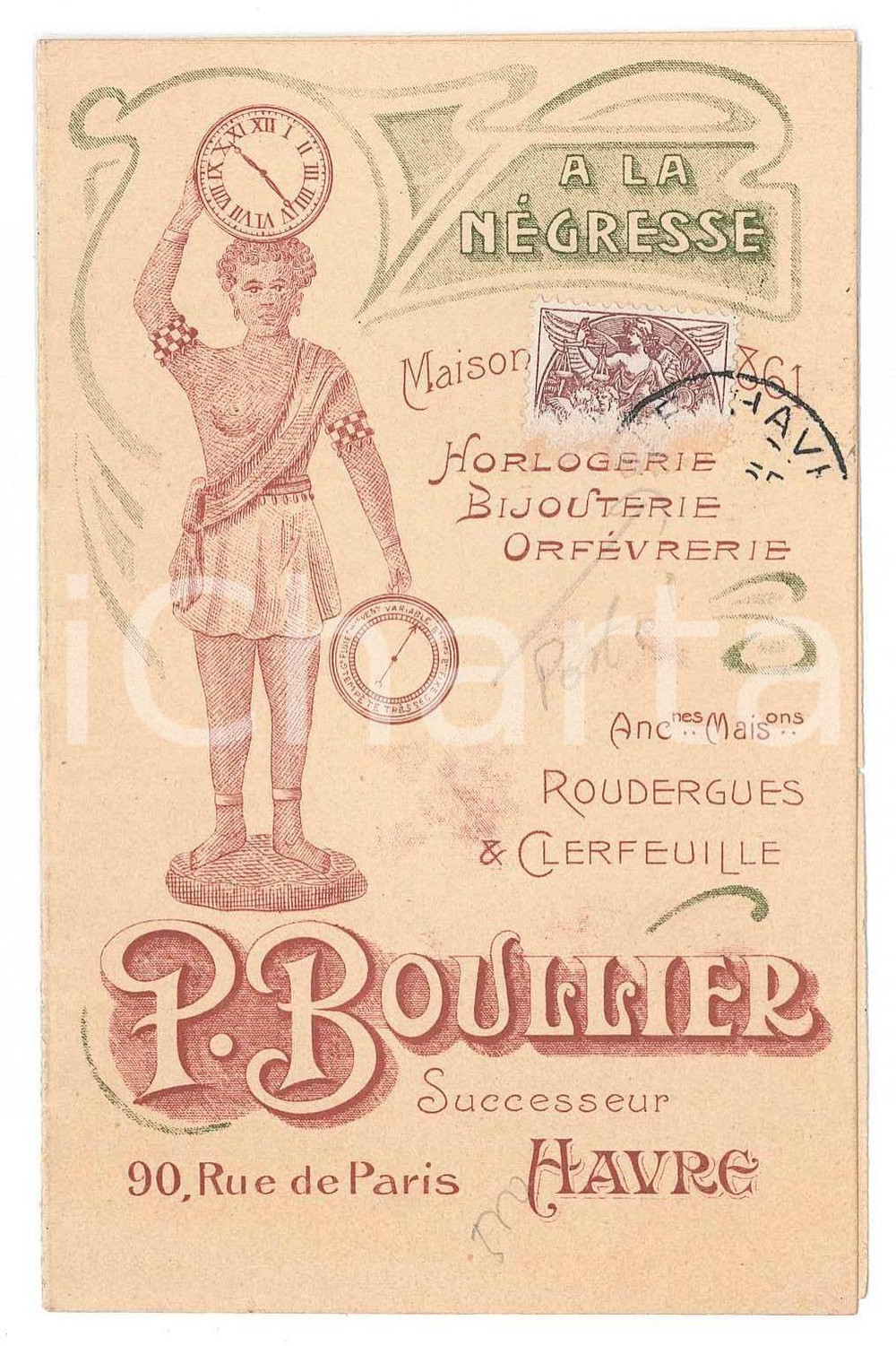 1910 ca LE HAVRE (F) Horlogerie P. BOULLIER - A la Négresse *Billet publicitaire  Raro biglietto pubblicitario d'epoca, illustrato e viaggiato.Su quattro facciate.CONDIZIONI: F (lievi residui cartacei; francobollo parzialmente asportato)FORMATO: 12x8 cm    originale e autentica 1