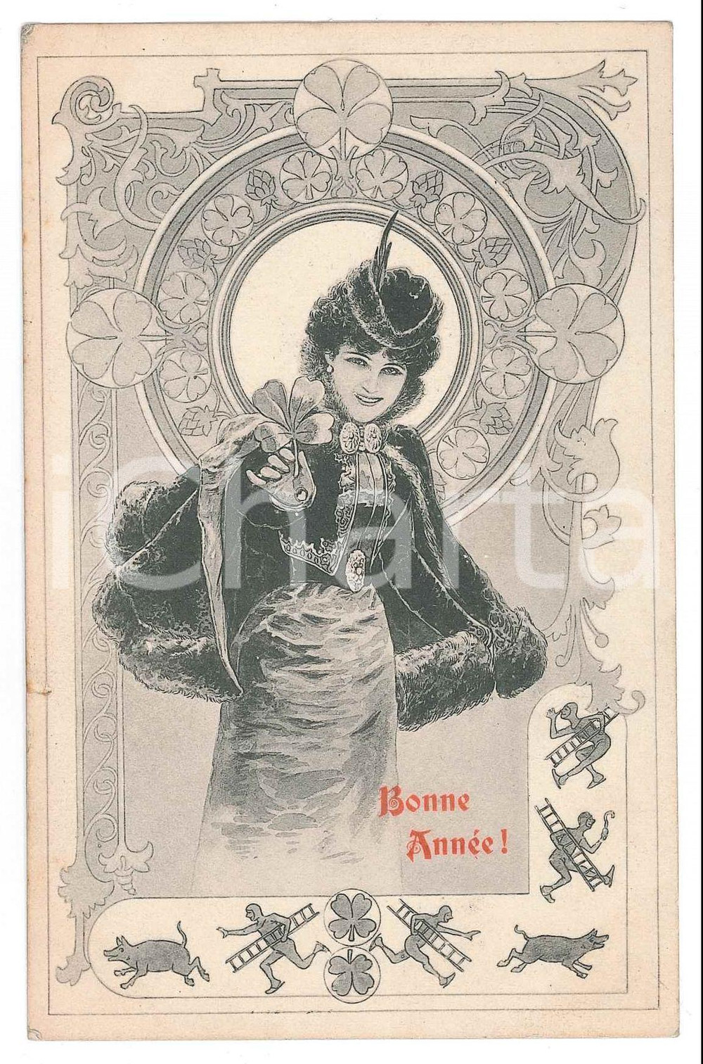 1903 ART NOUVEAU BELGIUM - Bonne Année - Lady - Four-leaf clover *Postcard  Cartolina postale d'epoca, viaggiata.CONDIZIONI: F (piccola sbrecciatura al lato sinistro)FORMATO: FP    originale e autentica 1
