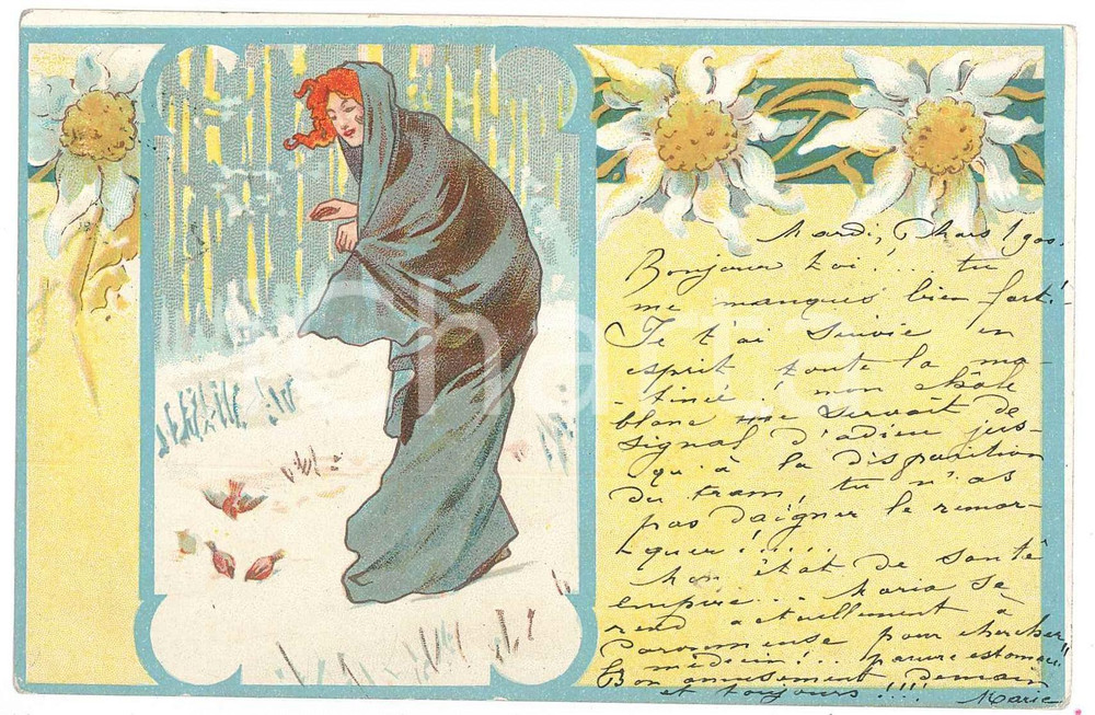 1900 ART NOUVEAU BELGIQUE Lady feeding sparrows in the snow *Postcard  Cartolina postale d'epoca, viaggiata.CONDIZIONI: G (minime smussature angolari)FORMATO: FP    originale e autentica 1
