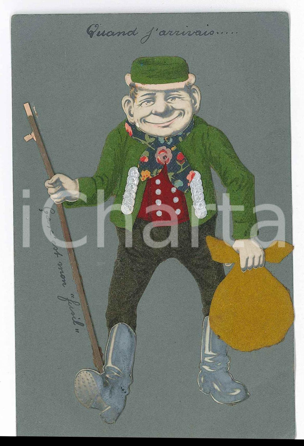 1922 GELDERN Man with bag and stick - Postcard collage REAL CLOTH  Cartolina postale d'epoca, realizzata con vero tessuto applicato e carta, scritta ma non viaggiata.CONDIZIONI: P (piegature)FORMATO: 9x14 cm    originale e autentica 1
