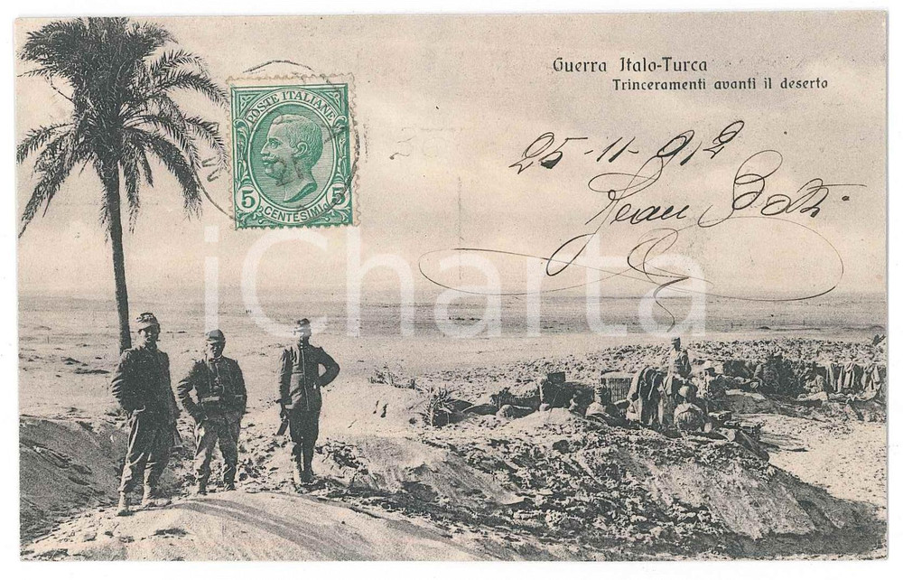 1912 GUERRA ITALO TURCA Trinceramenti avanti il deserto - Cartolina FP VG Cartolina d'epoca, viaggiata. FAIR/discreto Lievi smussature agli angoli, lieve distacco degli strati della carta Formato: FP originale e autentica 1
