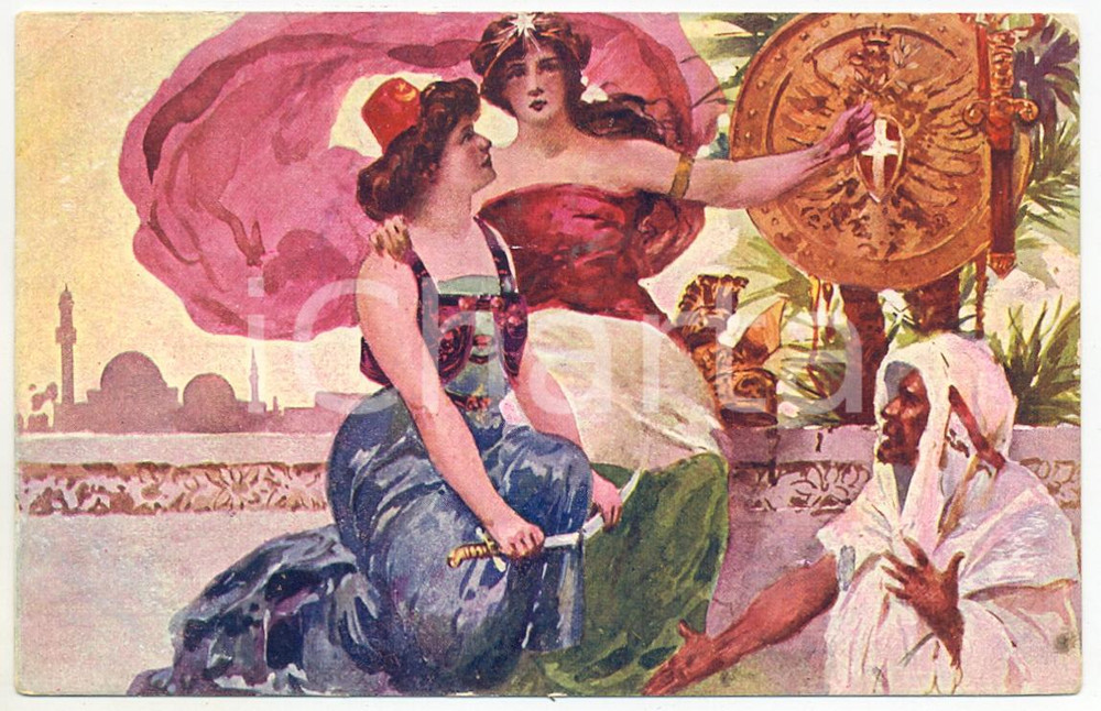 1912 GUERRA ITALO-TURCA Italia e Turchia abbracciate - Cartolina ILLUSTRATA FP  Cartolina postale d'epoca, non viaggiata. FAIR/discreto Lievi smussature agli angoli, piccola piegatura all'angolo superiore sinistro Formato: FP originale e autentica 1