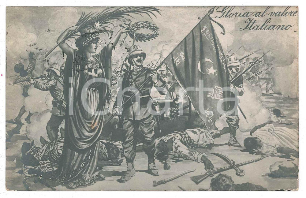 1916 GUERRA ITALO-TURCA Gloria al valore italiano - Cartolina ILLUSTRATA FP VG  Cartolina postale d'epoca, non viaggiata.CONDIZIONI: FAIR (lievi smussature agli angoli)FORMATO: FP    originale e autentica 1