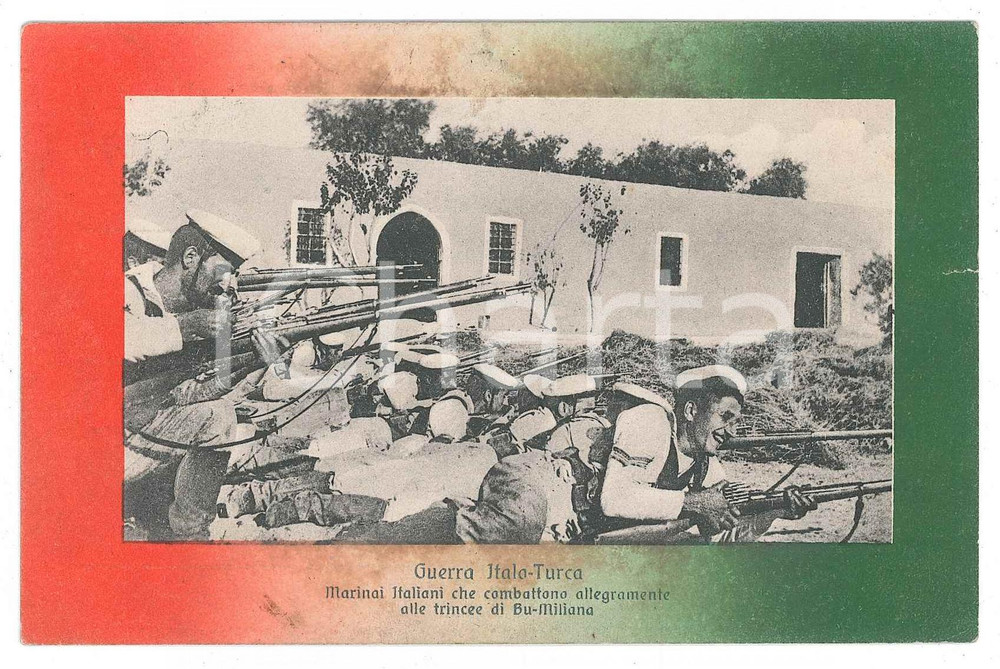 1912 GUERRA ITALO-TURCA Marinai combattono allegramente a BU MELIANA Cartolina  Cartolina postale d'epoca, viaggiata.CONDIZIONI: VERY POOR (lievi smussature agli angoli, strappo al margine destro, estesa brunitura centrale)FORMATO: FP    originale e autentica 1