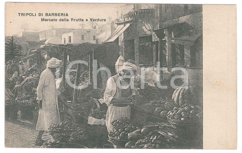 1910 ca TRIPOLI DI BARBERIA Mercato della frutta e verdura - Cartolina ANIMATA  Cartolina postale d'epoca, non viaggiata.CONDIZIONI: GOODFORMATO: FP    originale e autentica 1