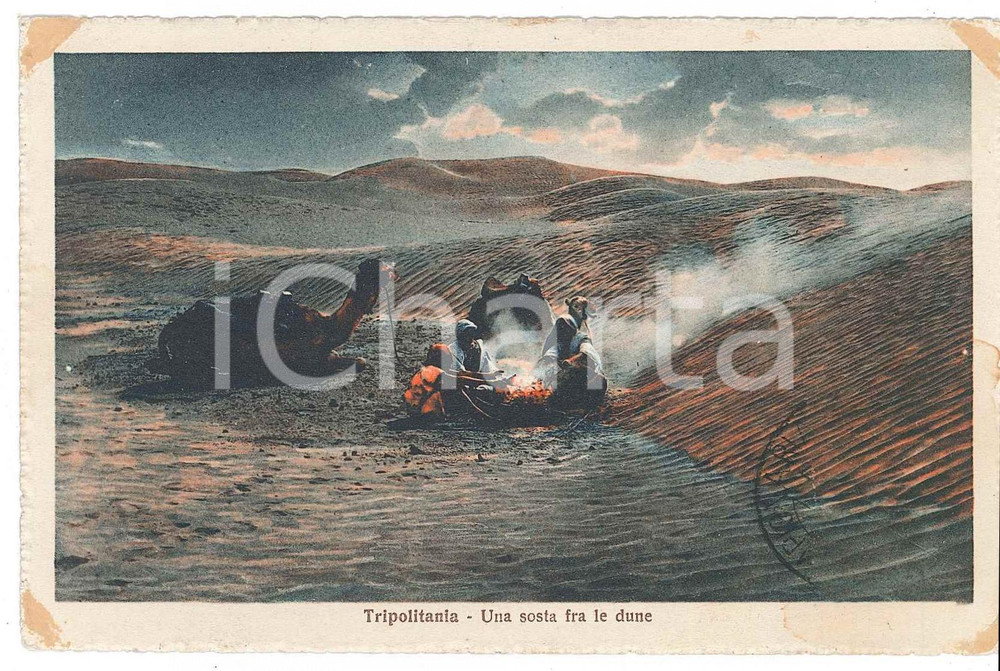 1910 ca TRIPOLITANIA Una sosta fra le dune - Cartolina ANIMATA FP NV  Cartolina postale d'epoca, non viaggiata.CONDIZIONI: POOR (lievi smussature e residui di incollature agli angoli, alone all'angolo inferiore destro)FORMATO: FP    originale e autentica 1