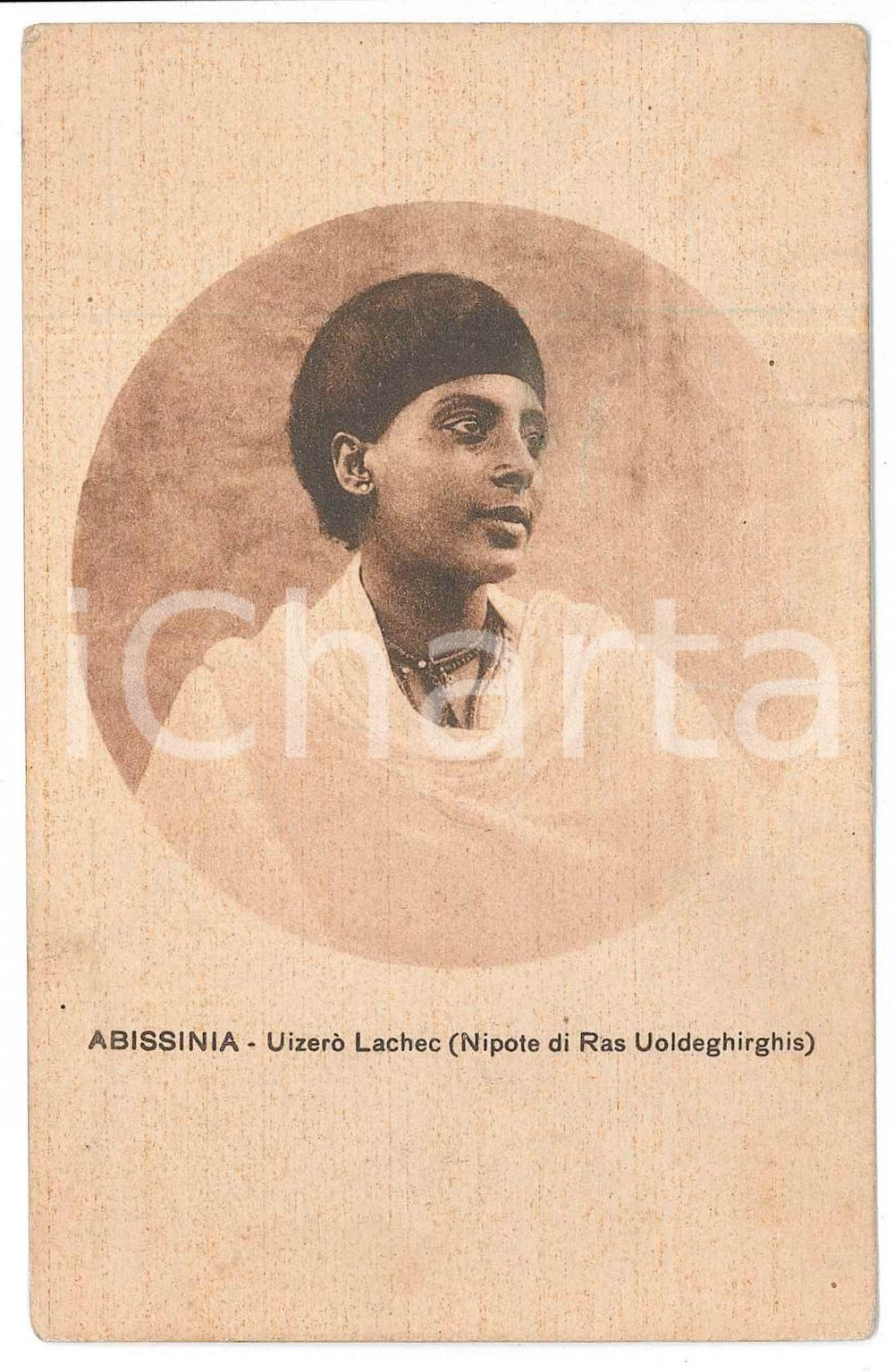 1936 ABISSINIA Uizerò Lachec - Nipote di Ras Uoldeghirghis - Cartolina FP VG  Cartolina postale d'epoca, viaggiata ma con affrancatura rimossa.CONDIZIONI: POOR (lievi smussature agli angoli, piegature all'angolo destro, bruniture diffuse)FORMATO: FP    originale e autentica 1