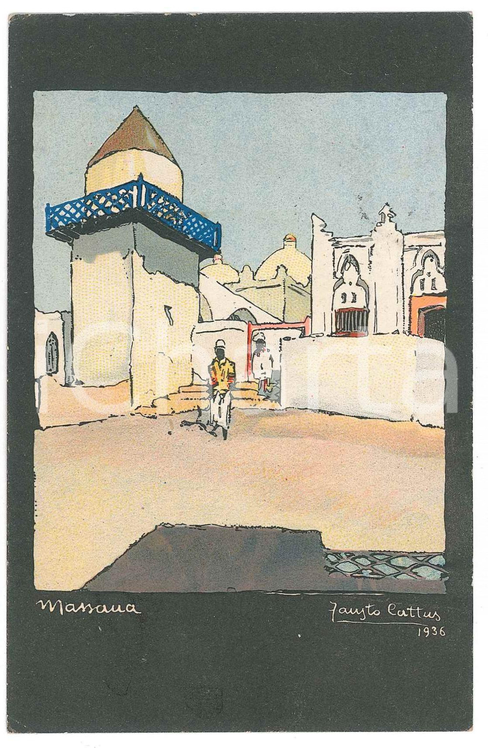 1936 Artista Fausto CATTUS - MASSAUA - AOI - Cartolina ILLUSTRATA FP VG (1)  Cartolina postale d'epoca, viaggiata.CONDIZIONI: FAIR (lievi smussature agli angoli)FORMATO: FP    originale e autentica 1