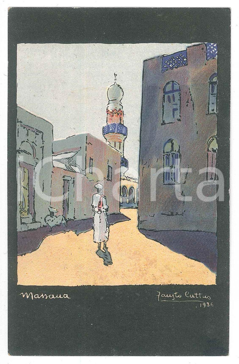 1936 Artista Fausto CATTUS - MASSAUA - AOI - Cartolina ILLUSTRATA FP VG  Cartolina postale d'epoca,  viaggiata.CONDIZIONI: FAIR (lievi smussature agli angoli)FORMATO: FP    originale e autentica 1