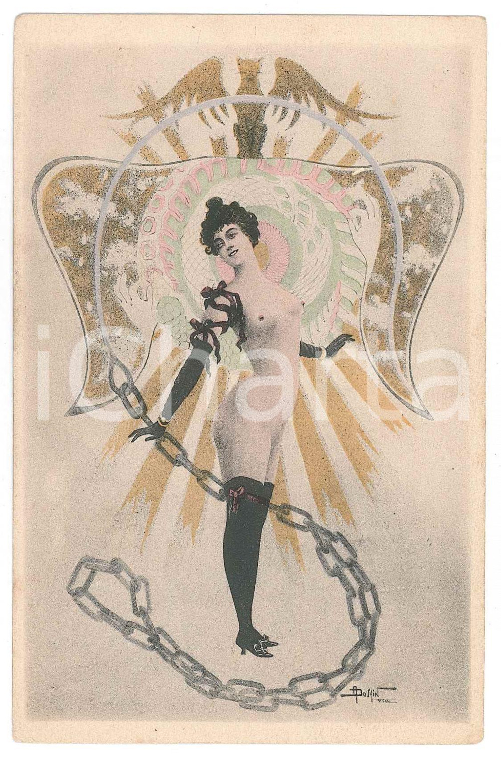 1900 ca ART NOUVEAU BELGIUM -  Nude lady with chain - Postcard A. DOUHIN risque  Cartolina postale d'epoca, non viaggiata.CONDIZIONI: G (lievi smussature angolari)FORMATO: FP    originale e autentica 1