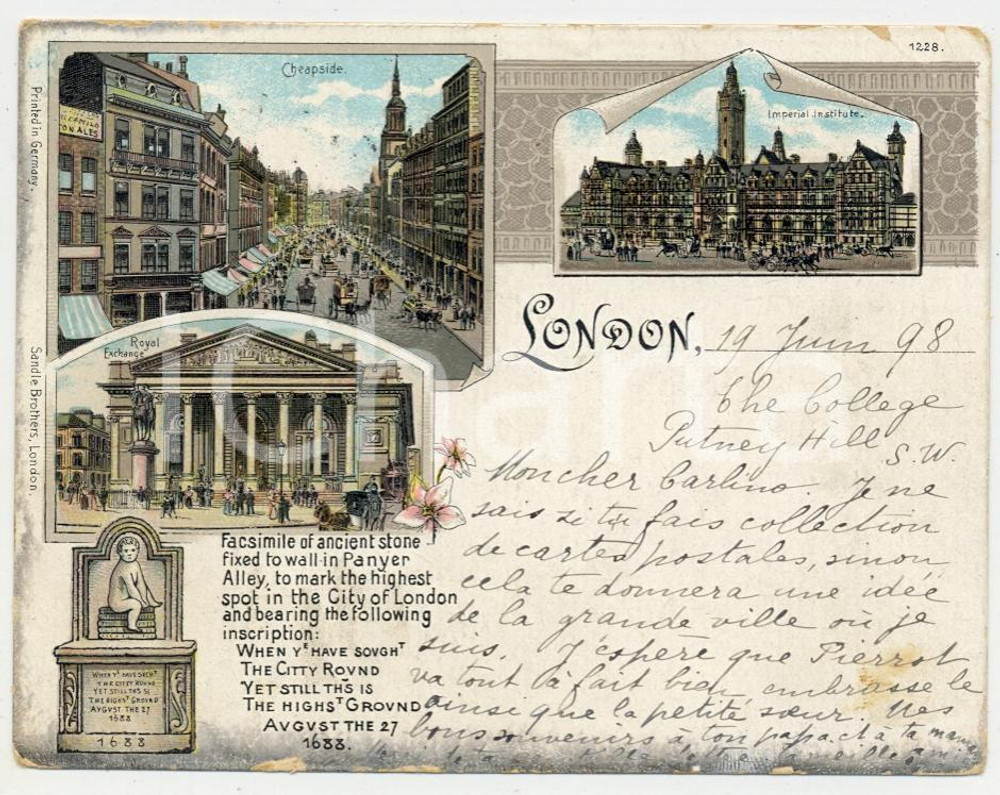 1898 LONDON Cheapside - Imperial Institute - Royal Exchange - Postcard 11x9 cm  Cartolina postale, viaggiata. FAIR/discreto Lievi smussature agli angoli, aloni ai margini Formato: 11x9 originale e autentica 1