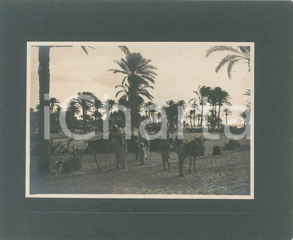 1920 BENGASI (LIBIA ITALIANA) Spiaggia - Tende beduine - Foto 22x18 cm Fotografia originale d'epoca, montata su cartoncino morbido.Al verso &egrave; presente una seconda fotografia, con didascalia "Palmeto".FOTOGRAFO: C. Rimoldi - BengasiCONDIZIONI: G FORMATO: 22x18 cm    originale e autentica 1