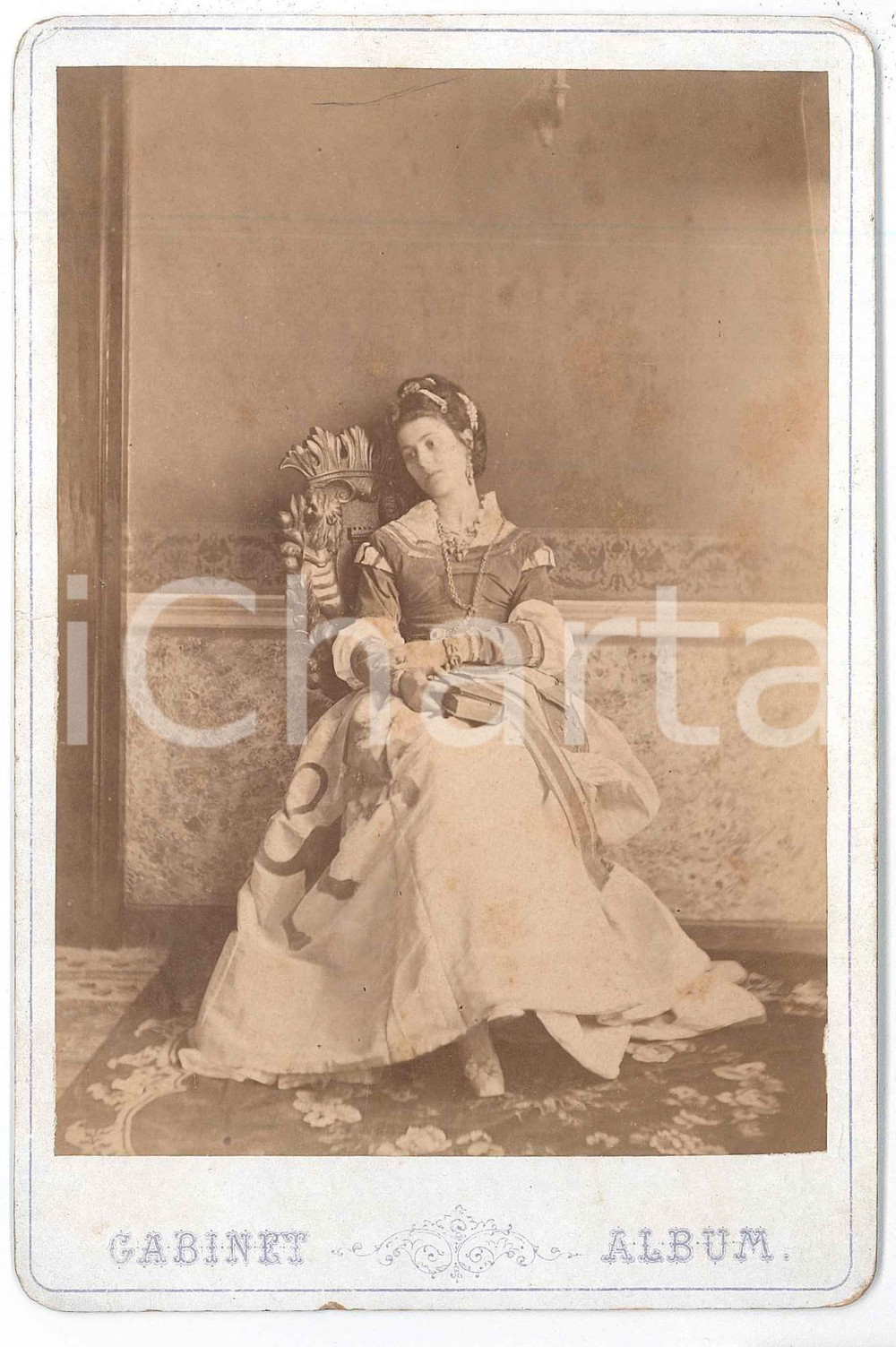 1880 ca ROMA Ritratto di nobildonna seduta con libro e leone sull'abito ^Foto Fotografia d'epoca montata su cartoncino rigido.CONDIZIONI: GFORMATO: 11x16 cm    originale e autentica 1