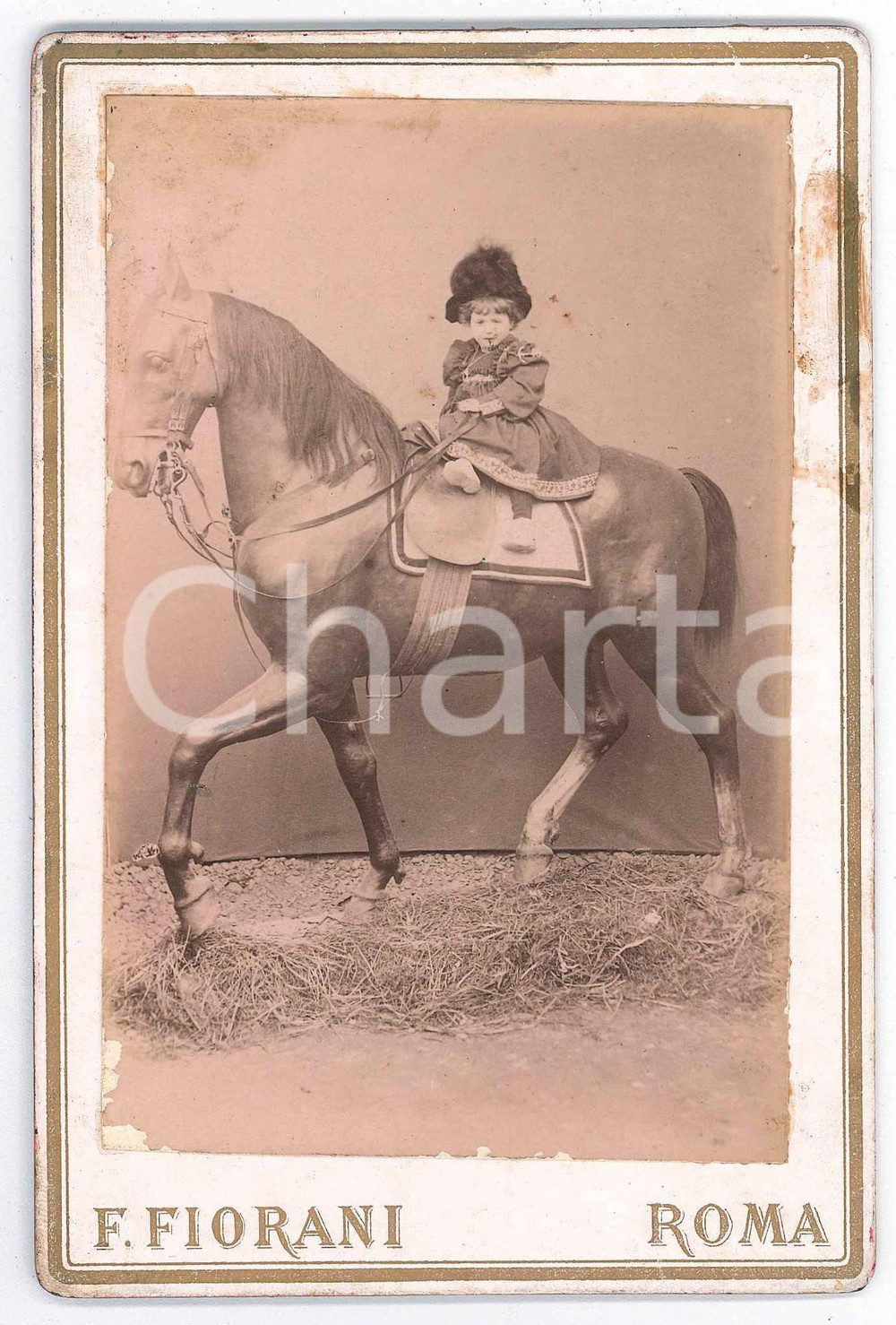 1880 ca ROMA Ritratto di bambina a cavallo - Foto F. FIORANI 11x16 cm RARA Fotografia d'epoca montata su cartoncino rigido.FOTOGRAFO: Francesco Fiorani - Roma, via dell'Arancio 80CONDIZIONI: F (macchie di colla e minime abrasioni)FORMATO: 11x16 cm    originale e autentica 1