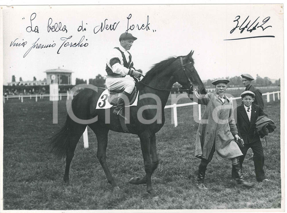 1930 ca MILANO Ippodromo SAN SIRO Bella di New York vince Premio Torchio - Foto Fotografia d'epoca.CONDIZIONI: POOR (lievi piegature e forellini da affissione agli angoli)FORMATO: 24x18 cm    originale e autentica 1