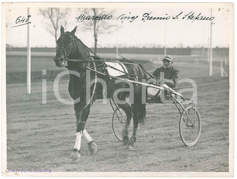 1930 ca MILANO Ippodromo SAN SIRO Marcello vince Premio Santo Stefano - Foto Fotografia d'epoca.CONDIZIONI: POOR (lievi piegature agli angoli, forellini da affissione)FORMATO: 24x18 cm    originale e autentica 1
