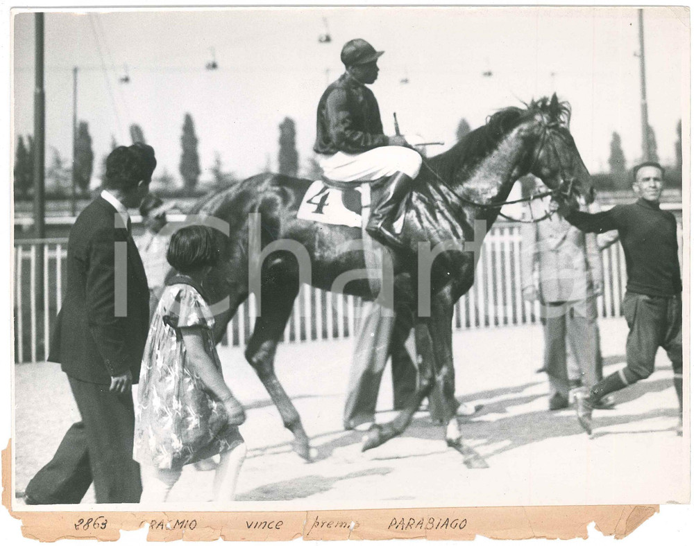 1930 ca MILANO Ippodromo SAN SIRO Cavallo vincitore del Premio Parabiago - Foto Fotografia d'epoca.CONDIZIONI: POOR (lievi piegature agli angoli, strappi e mancanze alla didascalia)FORMATO: 24x18 cm    originale e autentica 1