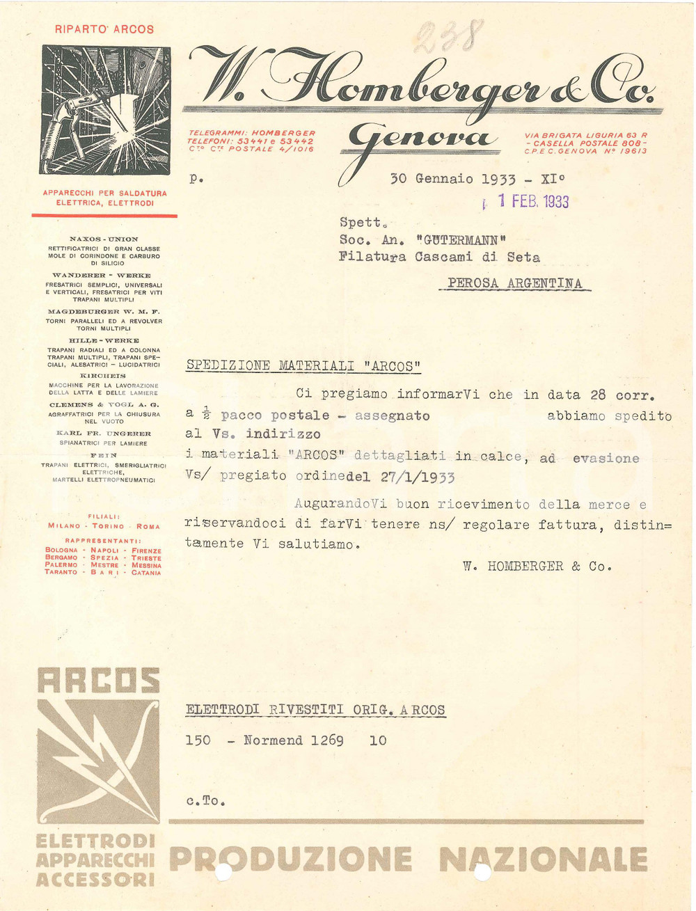 Documento originale, autentico 1933 GENOVA  W. HOMBERGER & C. via Brigata Liguria  Mole di Corundum Lettera 1