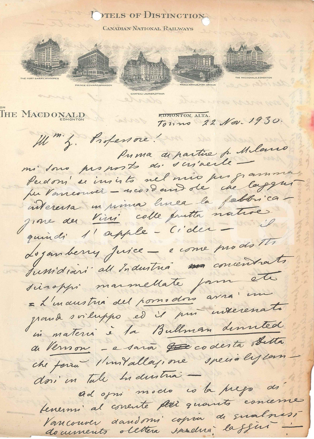 1930 EDMONTON Hotels of Distinction - Canadian National Railways *Lettera Lettera manoscritta, in lingua italina, di contenuto commerciale, su carta intestata.CONDIZIONI: FAIR (piegature d'epoca; fori da classificatore al lato superiore)PAGINE: 1 (2 facciate)    originale e autentica 1
