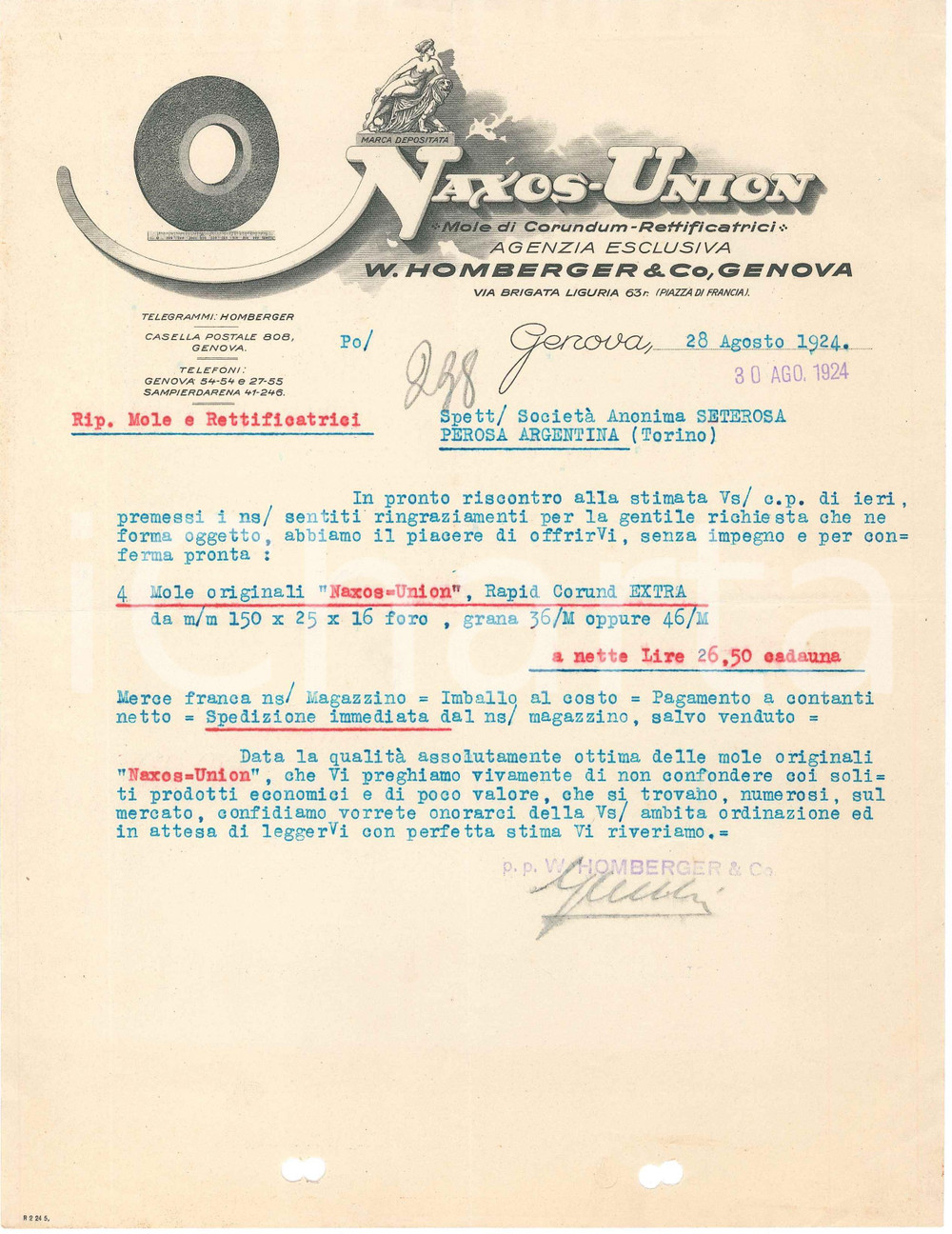 1924 GENOVA - W. HOMBERGER & C - NAXOS UNION (13) - Mole di Corundum *Lettera Lettera commerciale d'epoca, dattiloscritta, su carta intestata illustrata.Genova - via Brigata Liguria 63CONDIZIONI: F (piegature d'epoca, fori da classificatore al lato inferiore)PAGINE: 1    originale e autentica 1