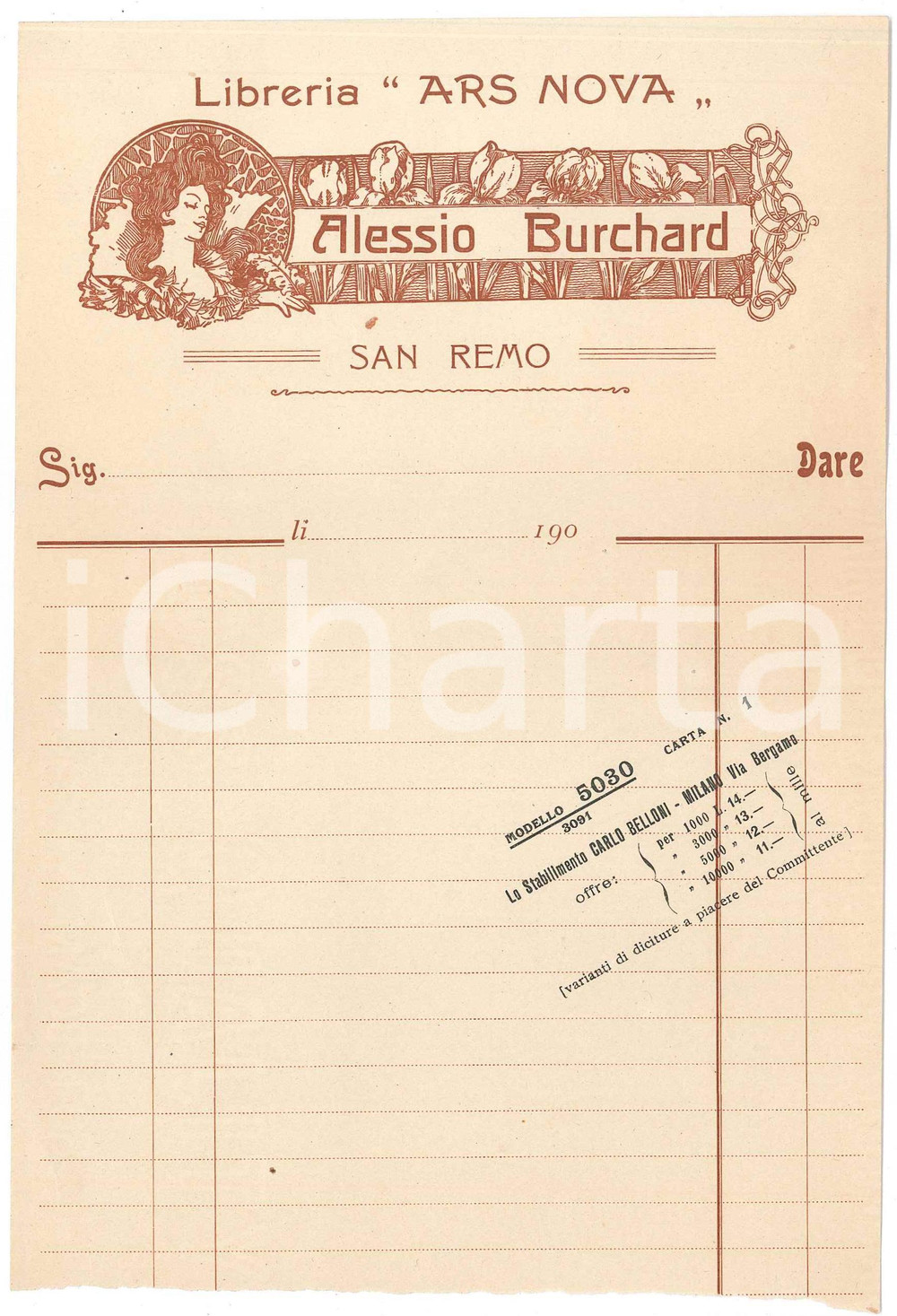 1900 ca SANREMO Libreria ARS NOVA di Alessio BURCHARD - Fattura ILLUSTRATA Fattura d'epoca, illustrata.CONDIZIONI: FAIR (strappo orizzontale al margine inferiore)FORMATO: 14x21 cm    originale e autentica 1