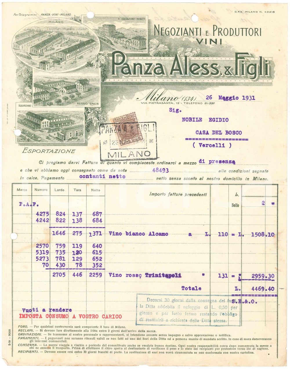 1931 MILANO Aless. PANZA & Figli - Via Pietrasanta 12 - Viticoltori - Fattura 9 Fattura commerciale d'epoca, dattiloscritta, su carta intestata illustrata.Presente marca da bollo. CONDIZIONI: FAIR (piegature d'epoca, fori da classificatore al margine superiore e sinistro)PAGINE: 1    originale e autentica 1