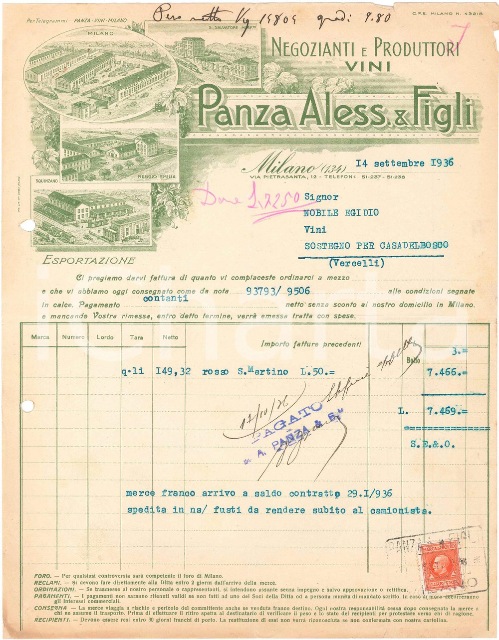 1936 MILANO Aless. PANZA & Figli - Via Pietrasanta 12 - Viticoltori - Fattura 10 Fattura commerciale d'epoca, dattiloscritta, su carta intestata illustrata.Presente marca da bollo. CONDIZIONI: POOR (piegature d'epoca, fori da classificatore al margine superiore e sinistro, strappo al margine superiore e all'angolo superiore destro)PAGINE: 1    originale e autentica 1