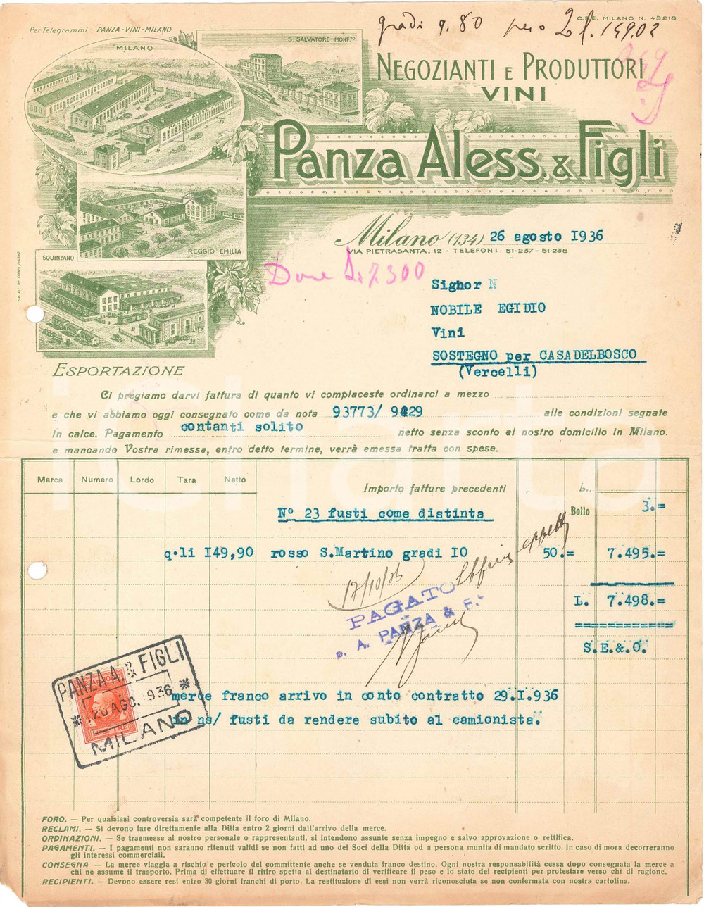 1936 MILANO Aless. PANZA & Figli - Via Pietrasanta 12 - Viticoltori - Fattura 11 Fattura commerciale d'epoca, dattiloscritta, su carta intestata illustrata.Presente marca da bollo. CONDIZIONI: FAIR (piegature d'epoca, fori da classificatore al margine superiore e sinistro)PAGINE: 1    originale e autentica 1