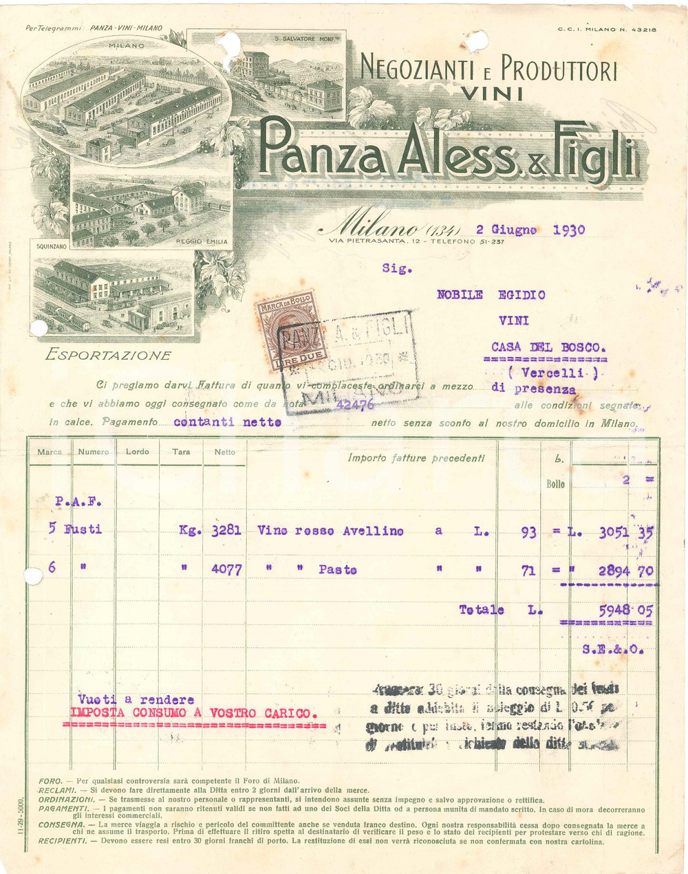 1930 MILANO Aless. PANZA & Figli - Via Pietrasanta 12 - Viticoltori - Fattura 12 Fattura commerciale d'epoca, dattiloscritta, su carta intestata illustrata.Presente marca da bollo. CONDIZIONI: FAIR (piegature d'epoca, fori da classificatore al margine superiore e sinistro)PAGINE: 1    originale e autentica 1