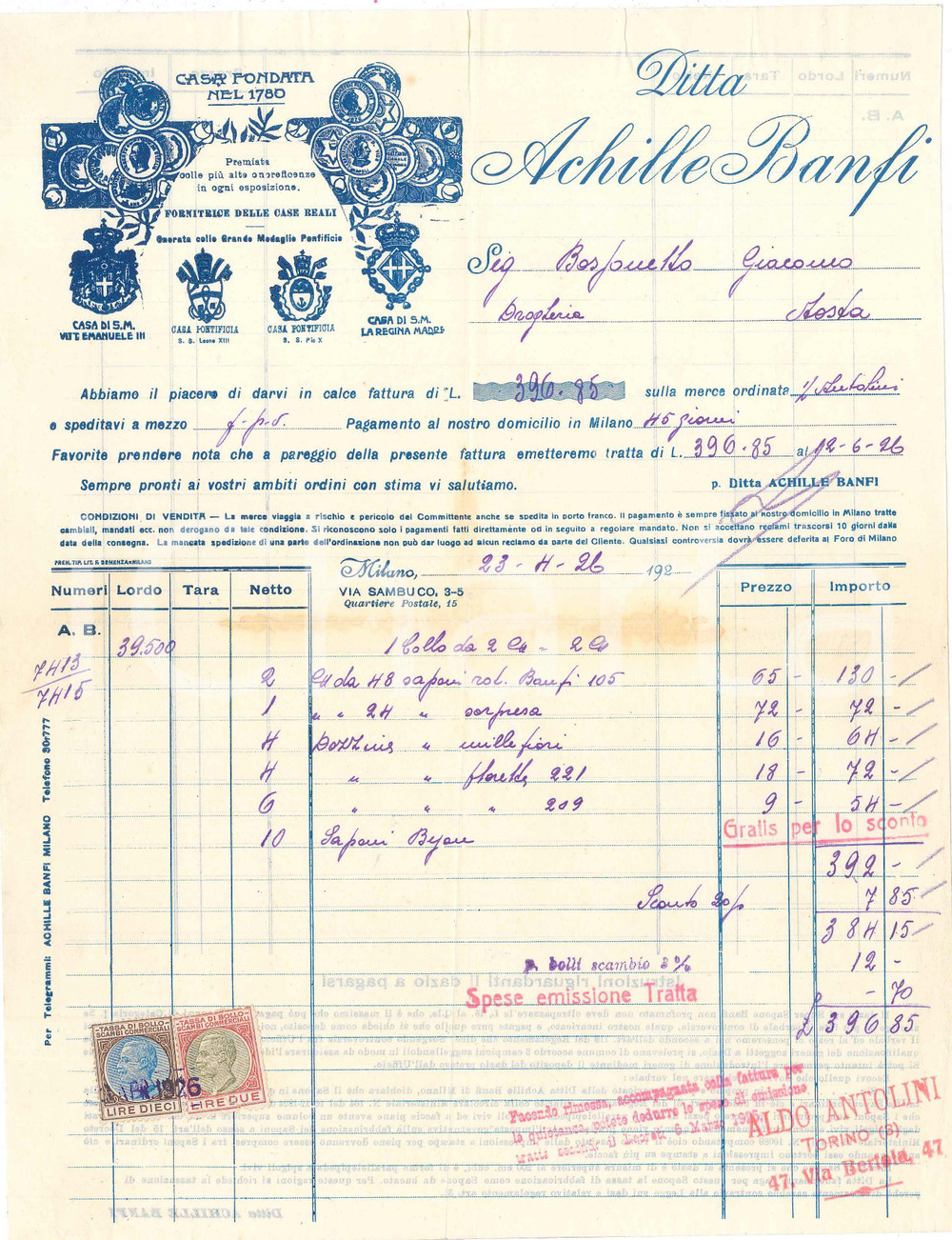 1926 MILANO Ditta Achille BANFI - Fattura per saponi 14x21 cm Fattura d'epoca, illustrata, con marche da bollo.CONDIZIONI: FAIR (piegature d'epoca)FORMATO: 14x21 cm    originale e autentica 1
