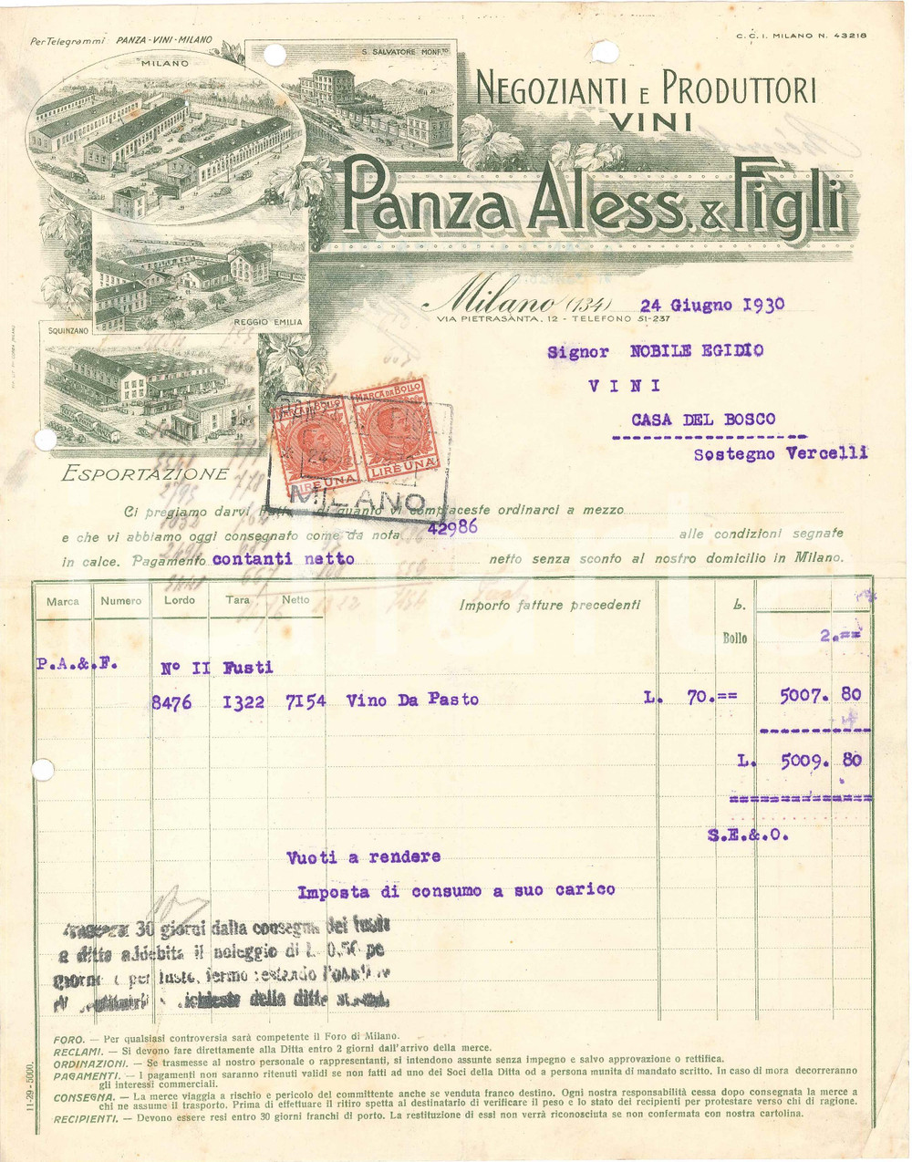 1930 MILANO Aless. PANZA & Figli - Via Pietrasanta 12 - Viticoltori - Fattura 13 Fattura commerciale d'epoca, dattiloscritta, su carta intestata illustrata.Presente marca da bollo. CONDIZIONI: FAIR (piegature d'epoca, fori da classificatore al margine superiore e sinistro)PAGINE: 1    originale e autentica 1