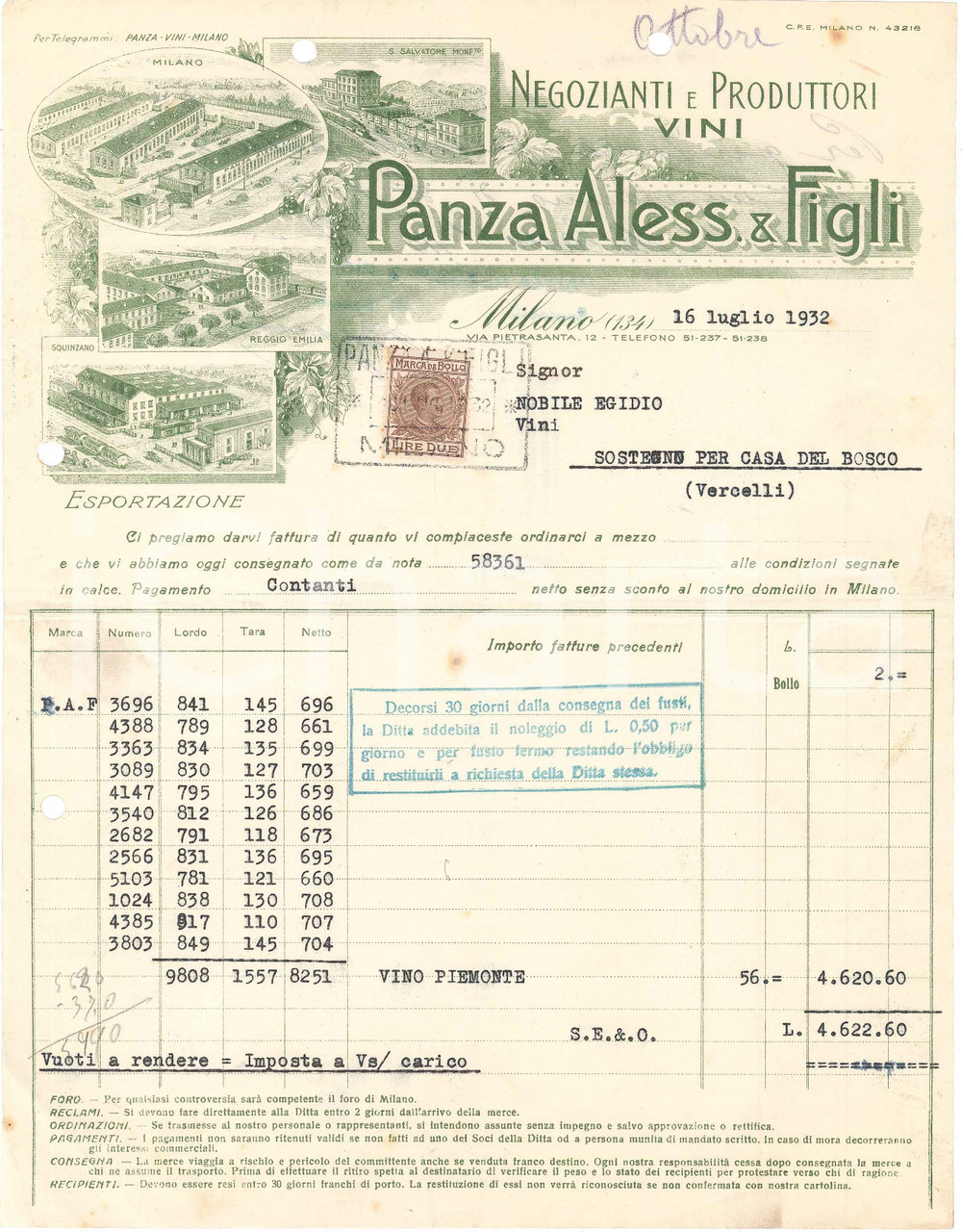 1932 MILANO Aless. PANZA & Figli - Via Pietrasanta 12 - Viticoltori - Fattura 5 Fattura commerciale d'epoca, dattiloscritta, su carta intestata illustrata.Presente marca da bollo. CONDIZIONI: FAIR (piegature d'epoca, fori da classificatore al margine superiore e sinistro)PAGINE: 1    originale e autentica 1