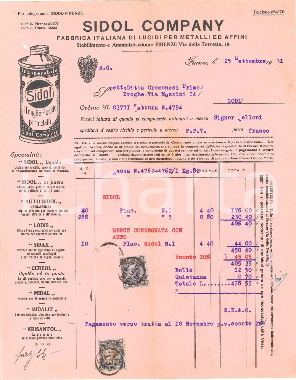 1931 FIRENZE - SIDOL COMPANY Lucidi per metalli ed affini - Fattura Fattura su carta intestata, con marche da bollo.CONDIZIONI: FAIR (piegature d'epoca, strappo all'angolo superiore sinistro)FORMATO: 22x28 cm    originale e autentica 1