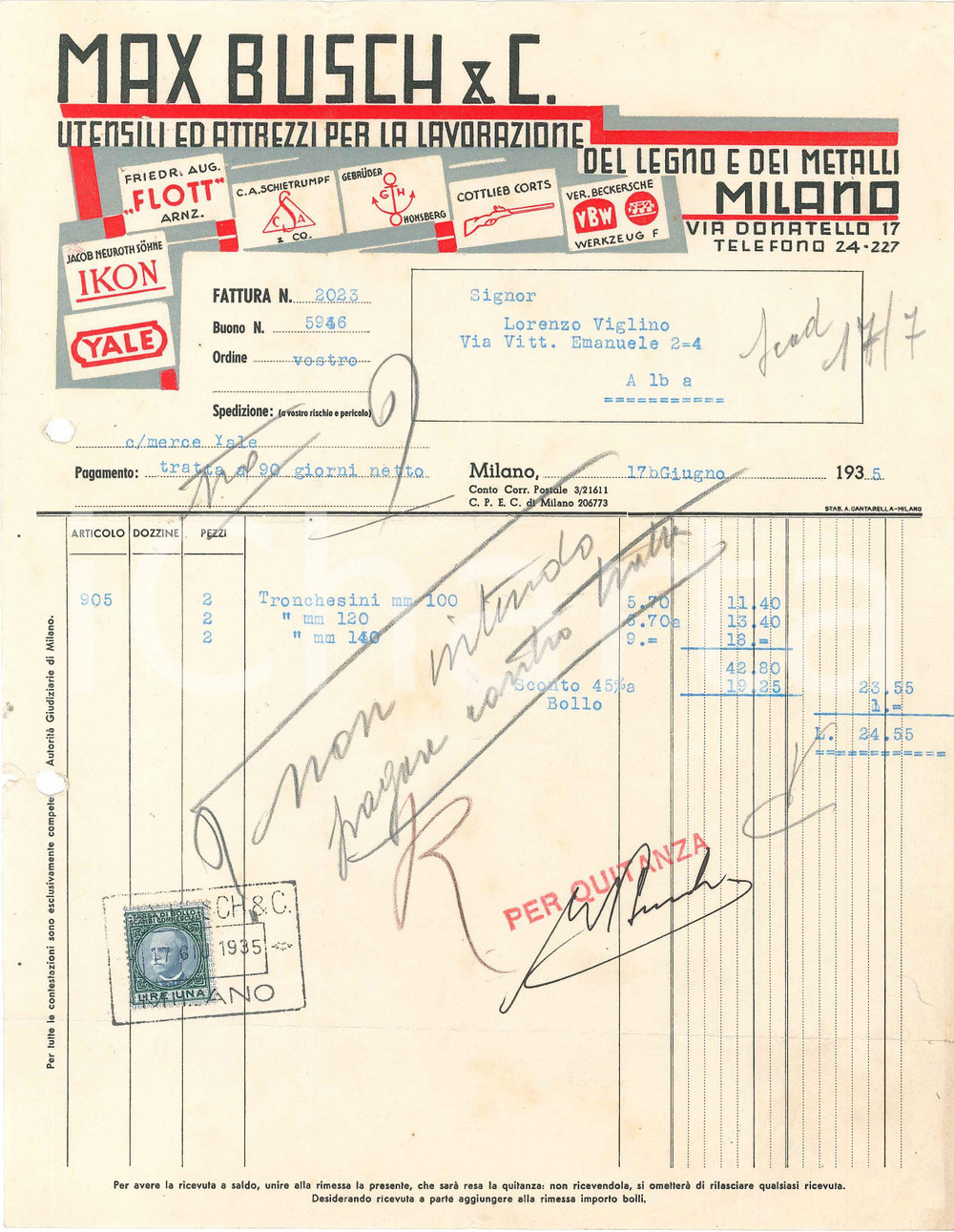 1935 MILANO Via Donatello - Max BUSCH & C. Utensili lavorazione legno - Fattura Fattura su carta intestata, con marca da bollo.CONDIZIONI: FAIR (piegature d'epoca, fori da classificatore al margine sinistro)FORMATO: 22x28 cm    originale e autentica 1