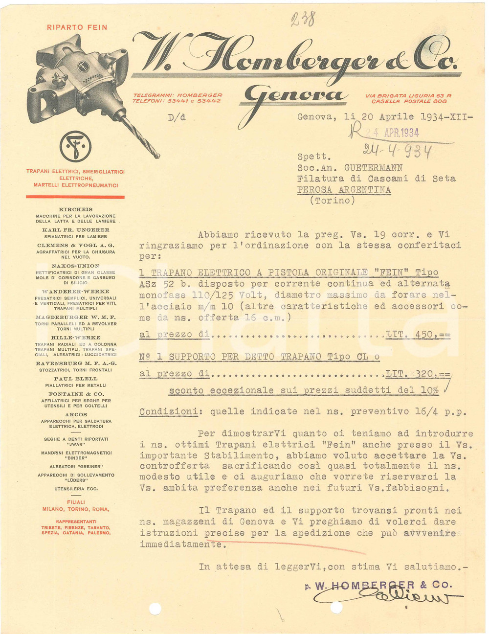 1934 GENOVA Via Brigata Liguria, 63 Ditta W. HOMBERGER Preventivo trapano FEIN Preventivo su carta intestata.CONDIZIONI: FAIR (piegature d'epoca, fori da classificatore al margine inferiore)FORMATO: 21x28 cm    originale e autentica 1