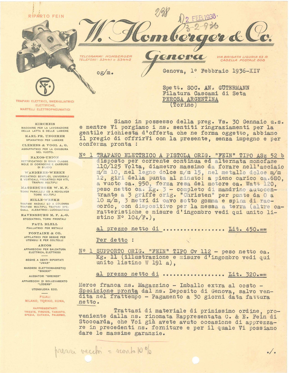 1936 GENOVA Via Brigata Liguria, 63 Ditta W. HOMBERGER Preventivo trapano FEIN 1 Preventivo su carta intestata.CONDIZIONI: FAIR (piegature d'epoca, fori da classificatore al margine inferiore)FORMATO: 21x28 cm    originale e autentica 1