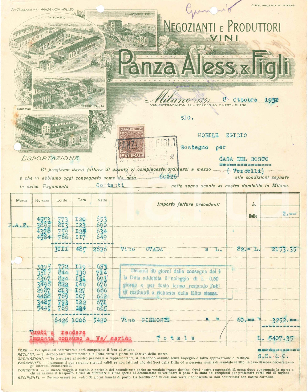 1932 MILANO Aless. PANZA & Figli - Via Pietrasanta 12 - Viticoltori - Fattura 15 Fattura commerciale d'epoca, dattiloscritta, su carta intestata illustrata.Presente marca da bollo. CONDIZIONI: FAIR (piegature d'epoca, fori da classificatore al margine superiore e sinistro)PAGINE: 1    originale e autentica 1