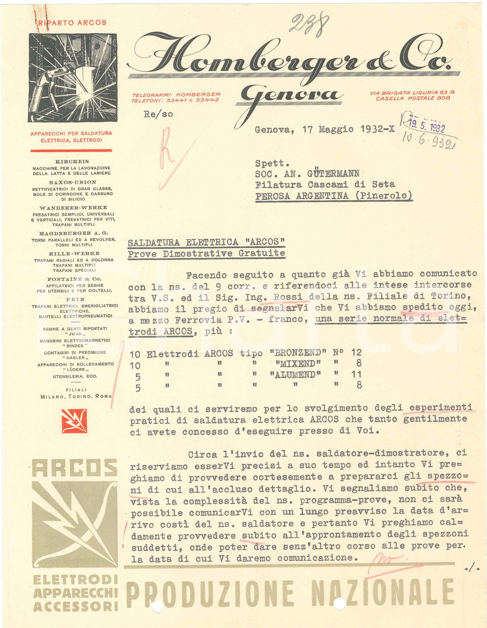 1932 GENOVA Via Brigata Liguria, 63 - W. HOMBERGER Preventivo elettrodi ARCOS Preventivo su carta intestata.CONDIZIONI: FAIR (piegature d'epoca, fori da classificatore al margine inferiore, residuo di ruggine al margine superiore)FORMATO: 21x28 cm    originale e autentica 1
