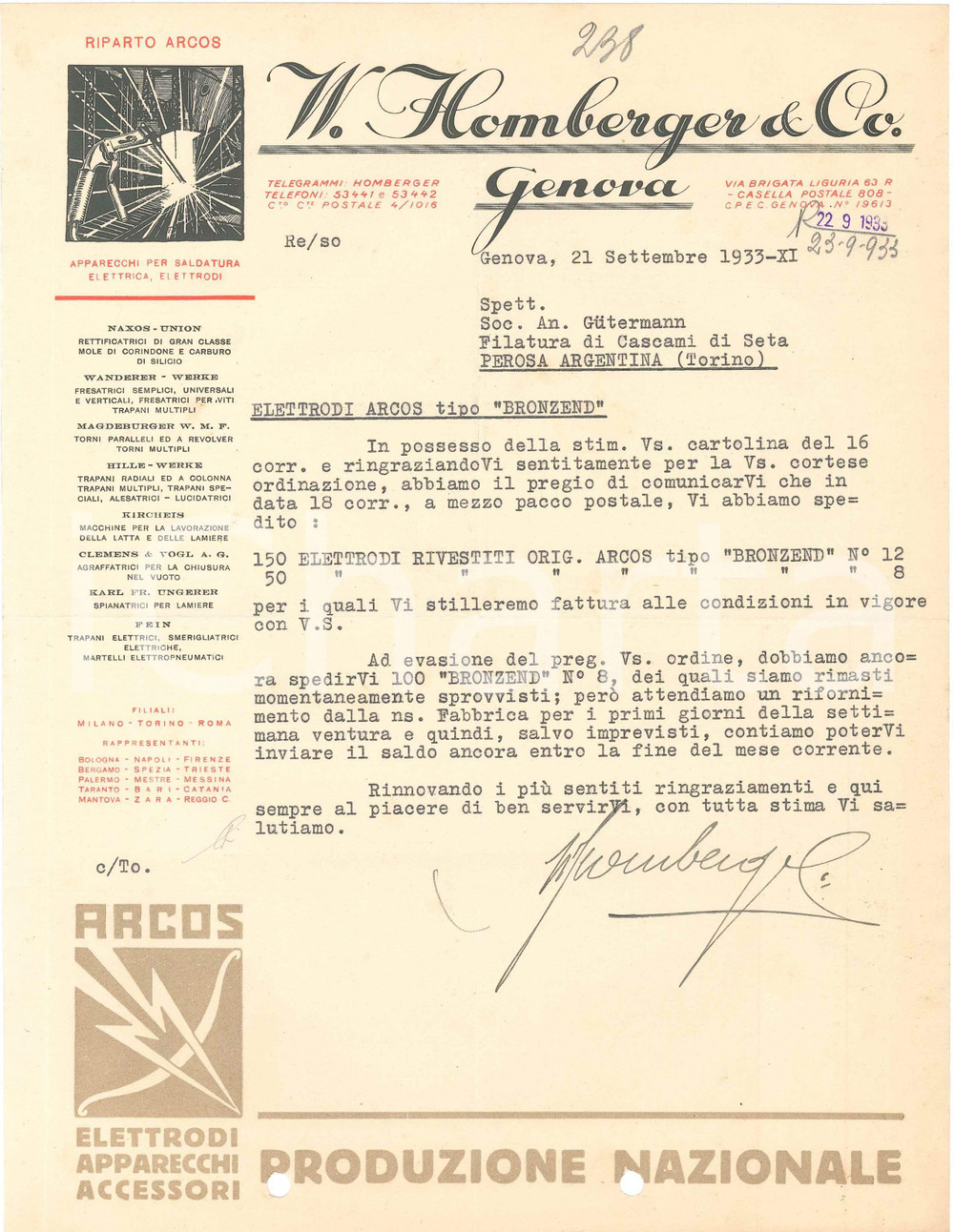 1933 GENOVA Ditta W. HOMBERGER Elettrodi ARCOS - Lettera commerciale Lettera commerciale su carta intestata, illustrata.CONDIZIONI: FAIR (piegature d'epoca, fori da classificatore al margine inferiore)FORMATO: 21x28 cm    originale e autentica 1