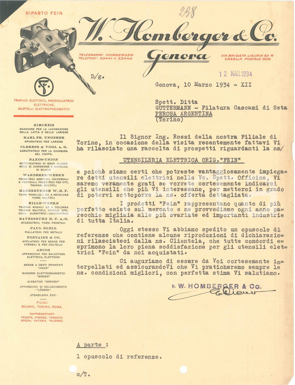 1934 GENOVA Ditta W. HOMBERGER Utensileria elettrica FEIN Lettera commerciale Lettera commerciale su carta intestata, illustrata.CONDIZIONI: FAIR (piegature d'epoca, fori da classificatore al margine inferiore)FORMATO: 21x28 cm    originale e autentica 1