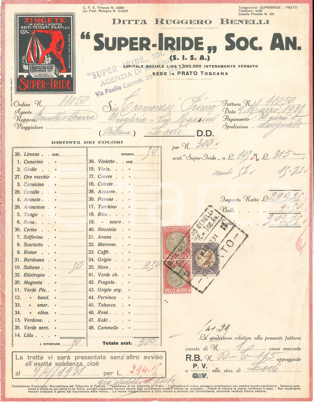 1931 PRATO Ditta Ruggero BENELLI Società SUPER-IRIDE Tinta per abiti - Fattura Fattura commerciale d'epoca, manoscritta, su carta intestata illustrata.Presenti marche da bollo. CONDIZIONI: GOOD (piegature d'epoca)    originale e autentica 1