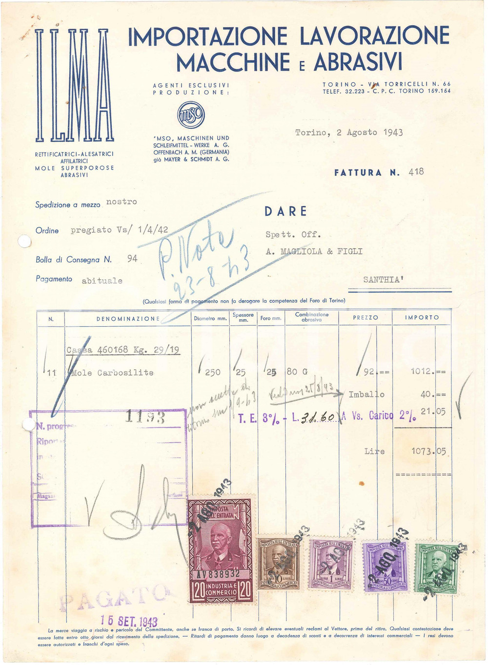 1943 TORINO Via Torricelli, 66 - ILMA Macchine e abrasivi - Fattura Fattura commerciale d'epoca, dattiloscritta, su carta intestata.Presenti marche da bollo. CONDIZIONI: FAIR (piegature d'epoca, fori da classificatore al margine sinistro, forellini e lievi residui di ruggine all'angolo superiore sinistro)    originale e autentica 1