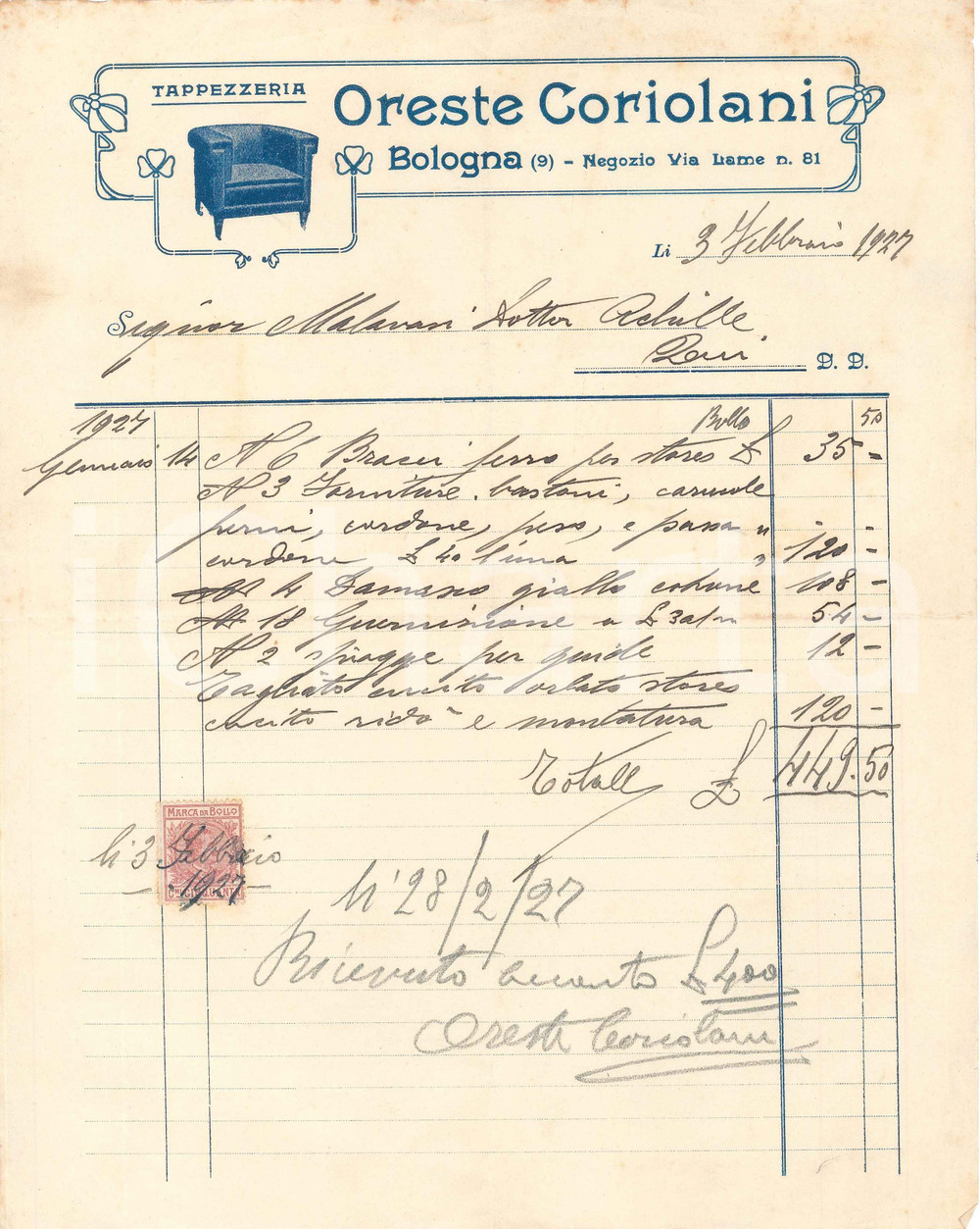 1927 BOLOGNA Via Lame, 81 - Tappezzeria Oreste CORIOLANI Fattura Fattura commerciale d'epoca, manoscritta, su carta intestata illustrata.Con marca da bollo.CONDIZIONI: FAIR (piegature d'epoca, lievi bruniture ai margini)    originale e autentica 1