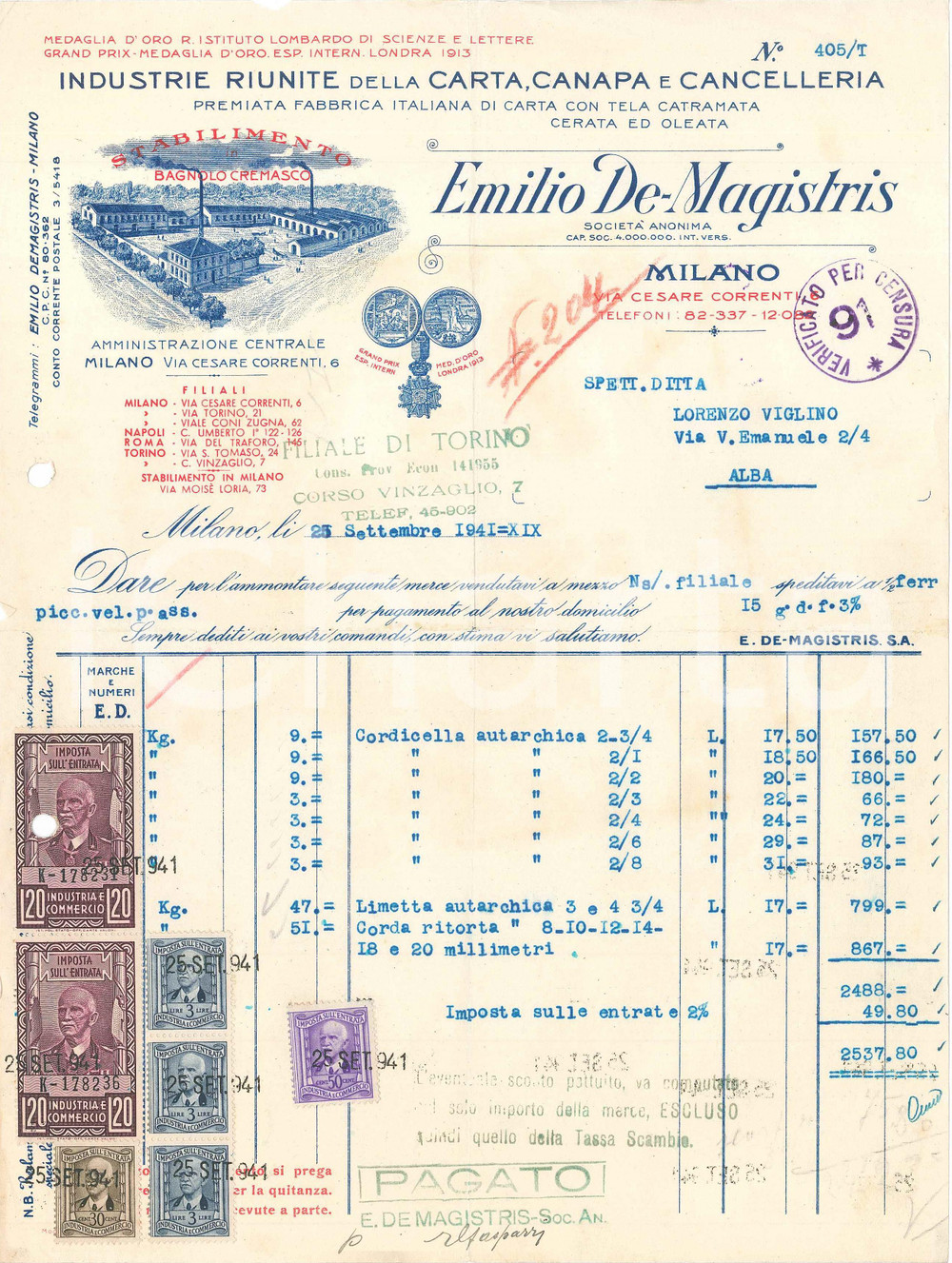 1941 MILANO Emilio DE MAGISTRIS Cancelleria - Fattura per cordicella autarchica Fattura commerciale d'epoca, dattiloscritta, su carta intestata illustrata.Con marche da bollo.CONDIZIONI: FAIR (piegature d'epoca, fori da classificatore al margine sinistro)    originale e autentica 1